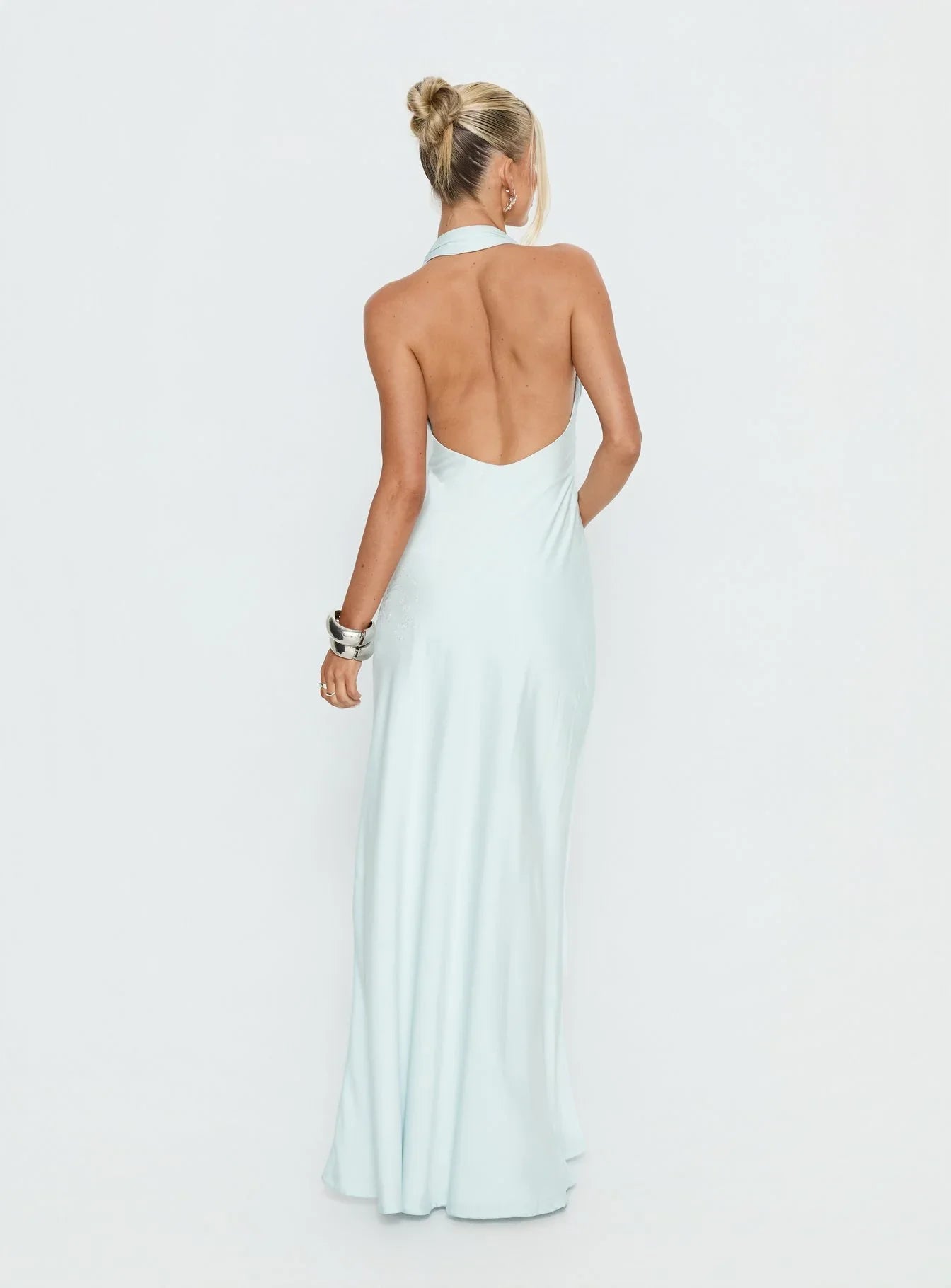 Light Blue Halter Prom Dress with Rhinestone Floral Embroidery and Open Back for Formal Events and Prom Nights