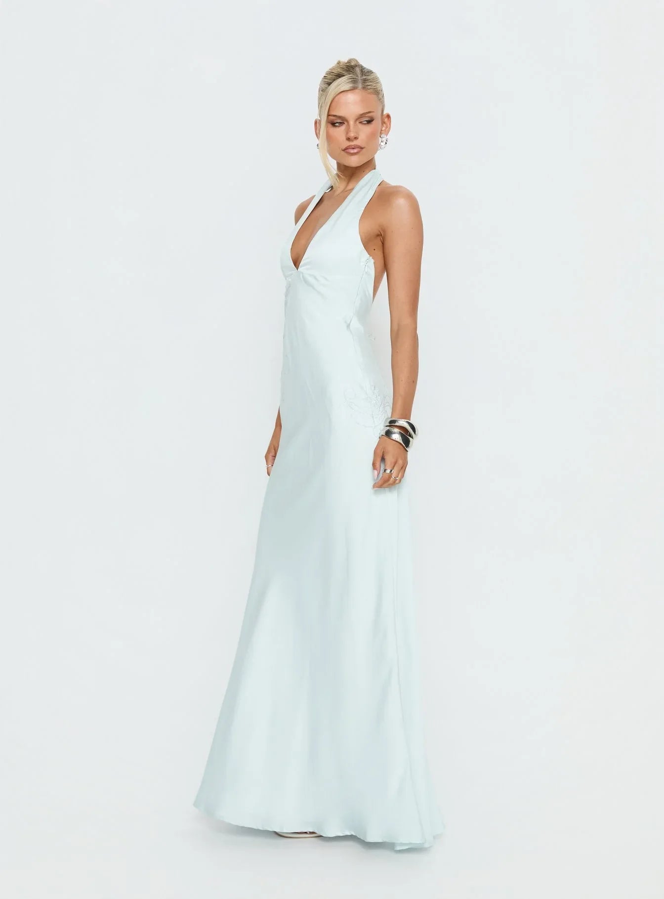 Light Blue Halter Prom Dress with Rhinestone Floral Embroidery and Open Back for Formal Events and Prom Nights