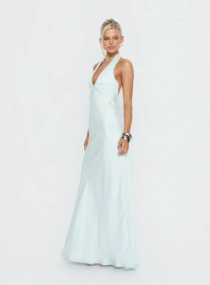 Light Blue Halter Prom Dress with Rhinestone Floral Embroidery and Open Back for Formal Events and Prom Nights