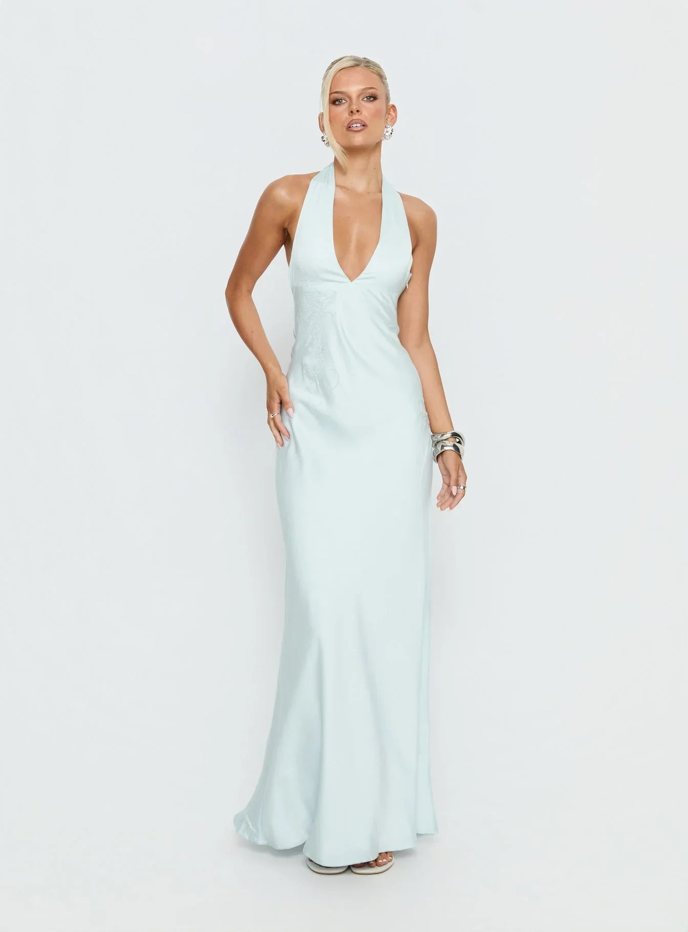 Light Blue Halter Prom Dress with Rhinestone Floral Embroidery and Open Back for Formal Events and Prom Nights