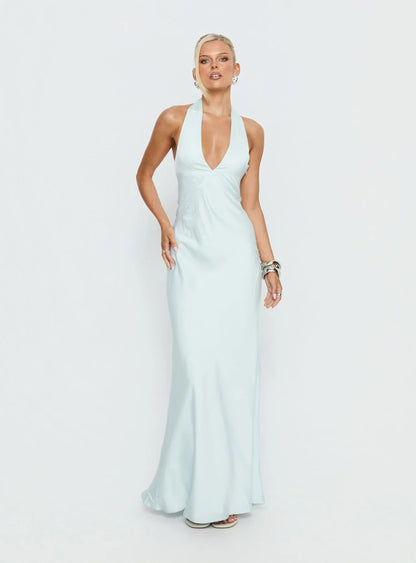 Light Blue Halter Prom Dress with Rhinestone Floral Embroidery and Open Back for Formal Events and Prom Nights