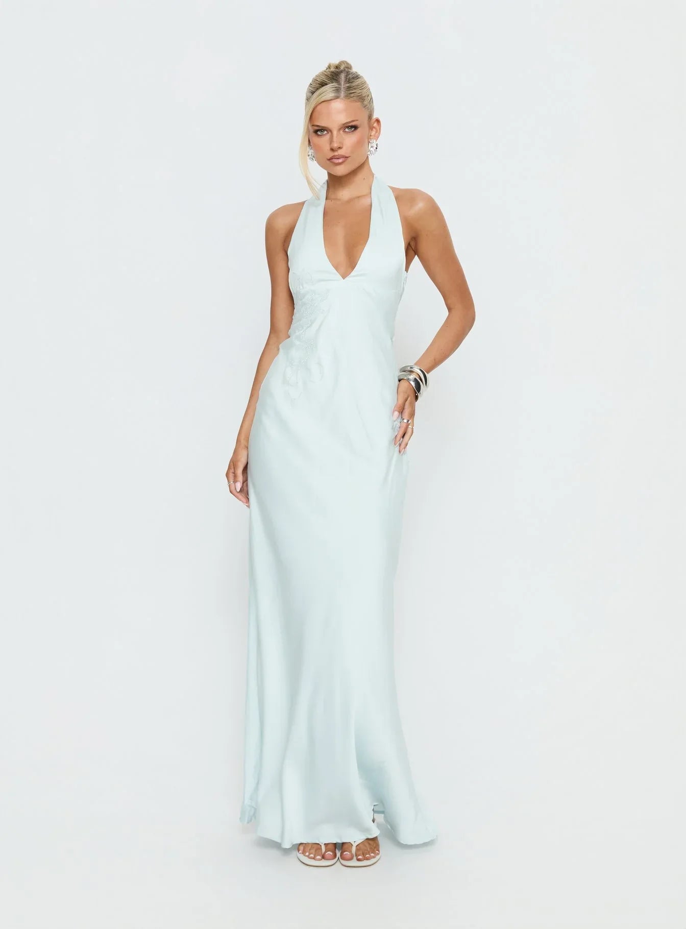 Light Blue Halter Prom Dress with Rhinestone Floral Embroidery and Open Back for Formal Events and Prom Nights