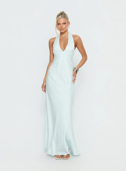 Light Blue Halter Prom Dress with Rhinestone Floral Embroidery and Open Back for Formal Events and Prom Nights