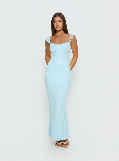 Light Blue Lace Prom Dress with Ruffled Cap Sleeves and Square Neckline for Formal Events and Prom Nights