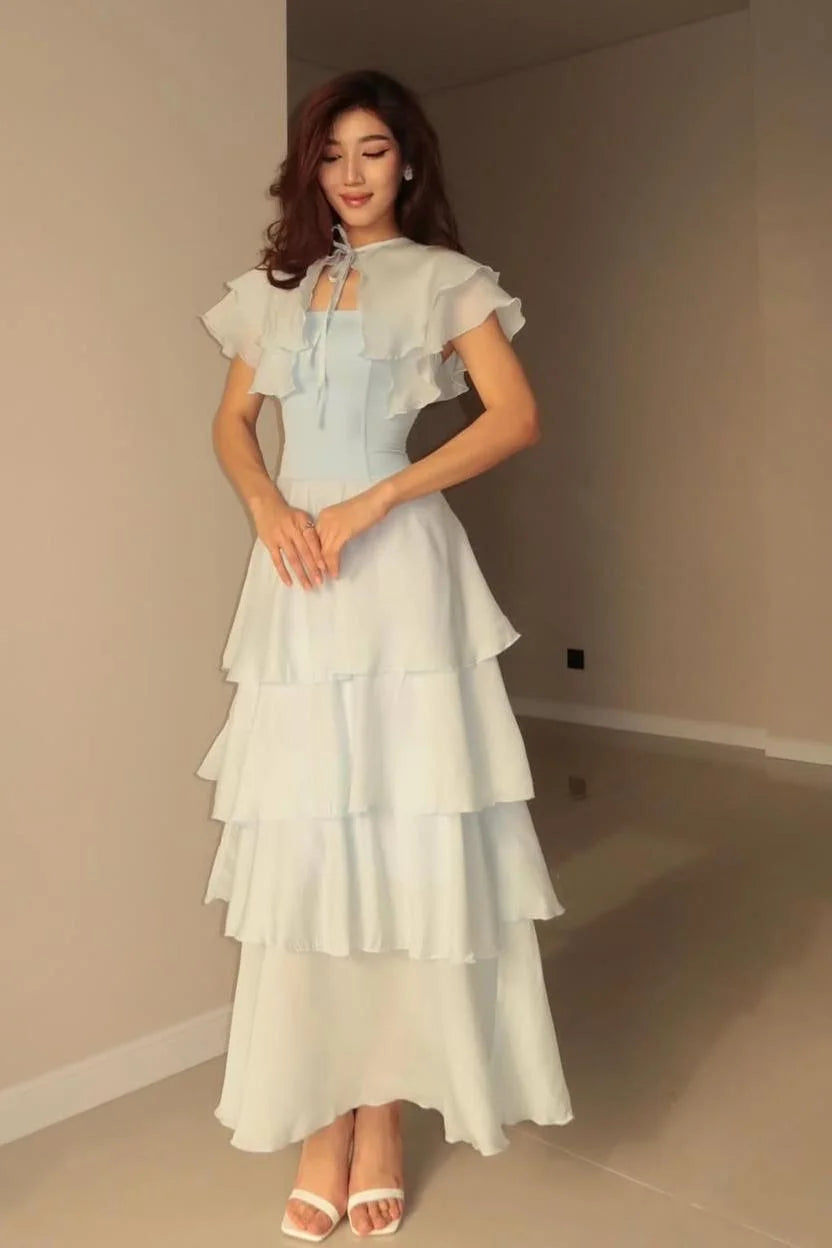 Light Blue Maxi Dresses with Detachable Ruffled Capelet Lace Up Back and Tiered Ruffled Skirt