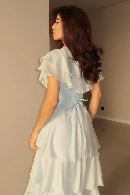 Light Blue Maxi Dresses with Detachable Ruffled Capelet Lace Up Back and Tiered Ruffled Skirt