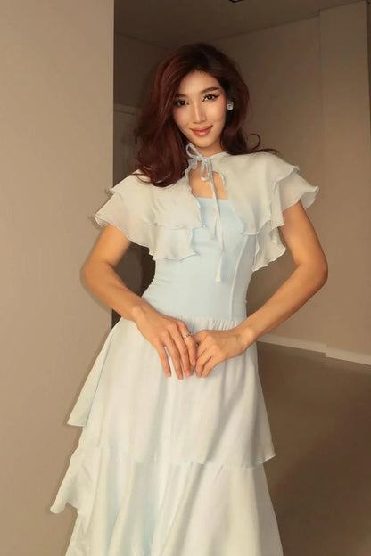 Light Blue Maxi Dresses with Detachable Ruffled Capelet Lace Up Back and Tiered Ruffled Skirt