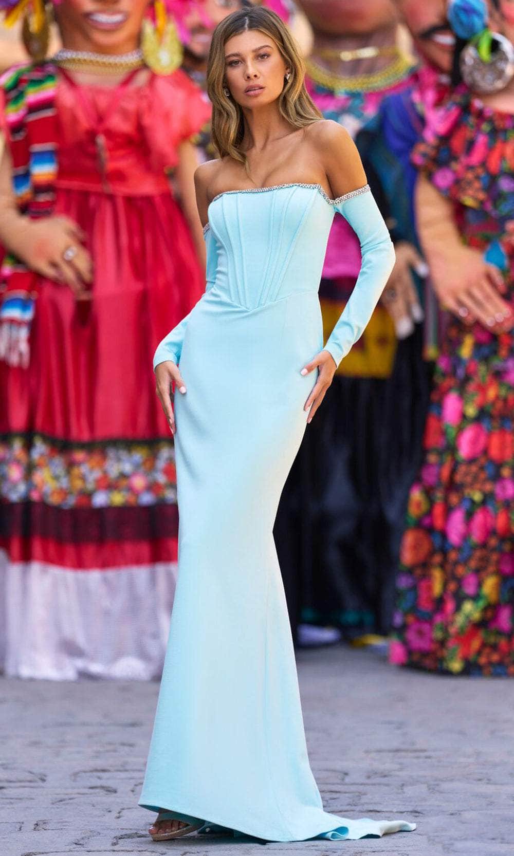 Light Blue Off Shoulder Prom Dress With Rhinestone Trim Corset Bodice And Mermaid Formal Prom Dress