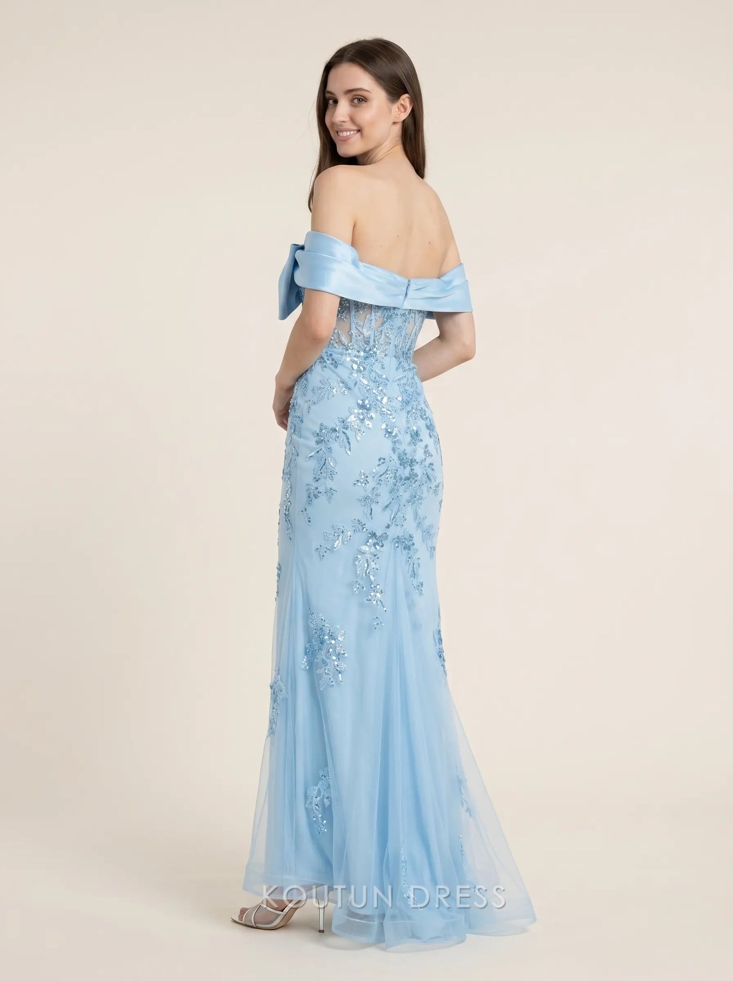 Light Blue Off The Shoulder Bow Accent Corset Sequin Floral Applique Tulle Mermaid Floor Length Formal Evening Prom Dress