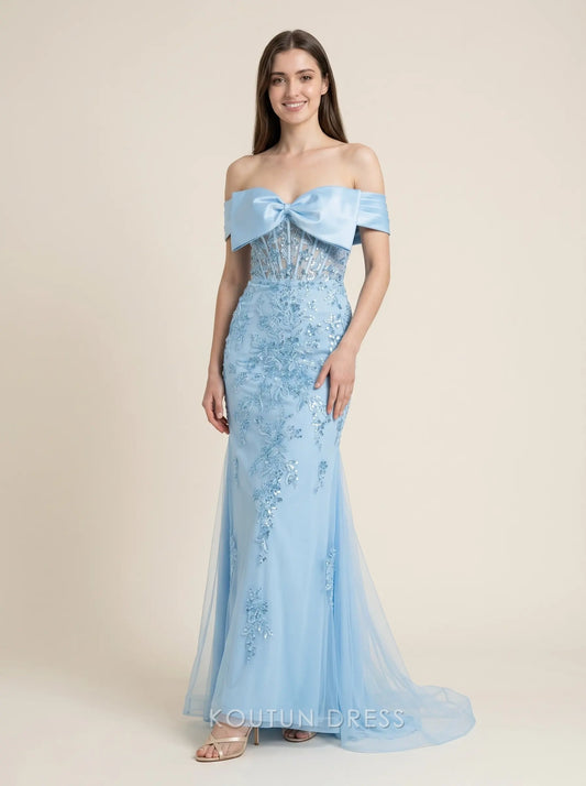 Light Blue Off The Shoulder Bow Accent Corset Sequin Floral Applique Tulle Mermaid Floor Length Formal Evening Prom Dress