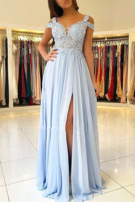 Light Blue Off The Shoulder Prom Dress With Lace Appliqué Bodice High Slit And Chiffon A Line Formal Prom Dress