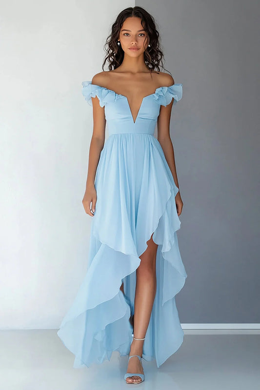 Light Blue Off The Shoulder Prom Dress With Ruffled Sleeves Deep V Neck And High Low Chiffon Skirt For Formal Evening Party