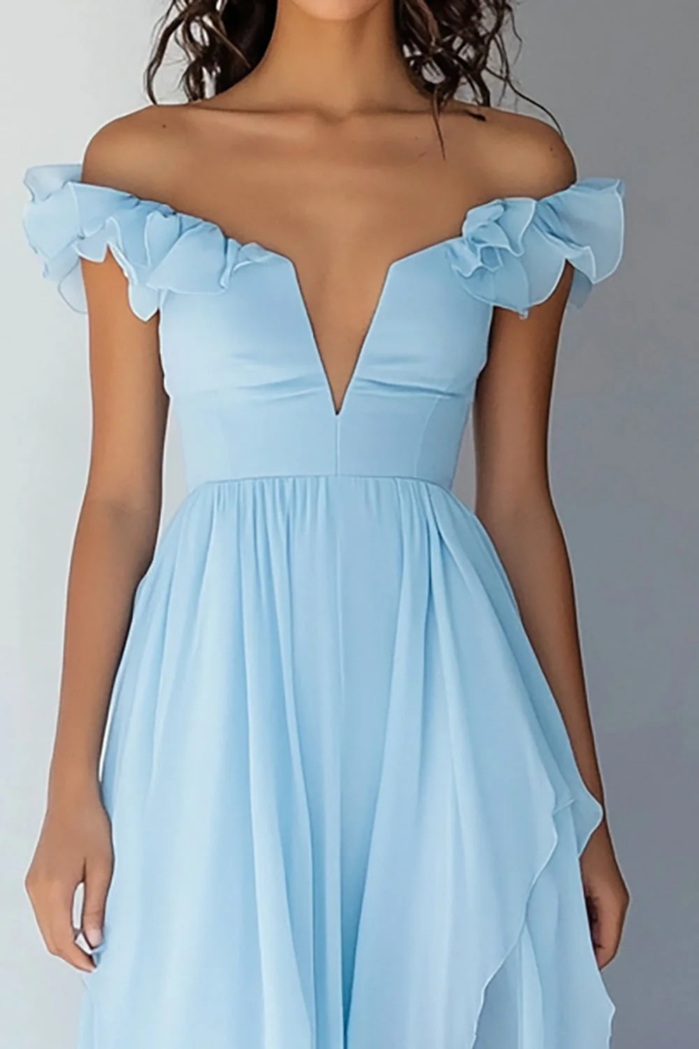Light Blue Off The Shoulder Prom Dress With Ruffled Sleeves Deep V Neck And High Low Chiffon Skirt For Formal Evening Party