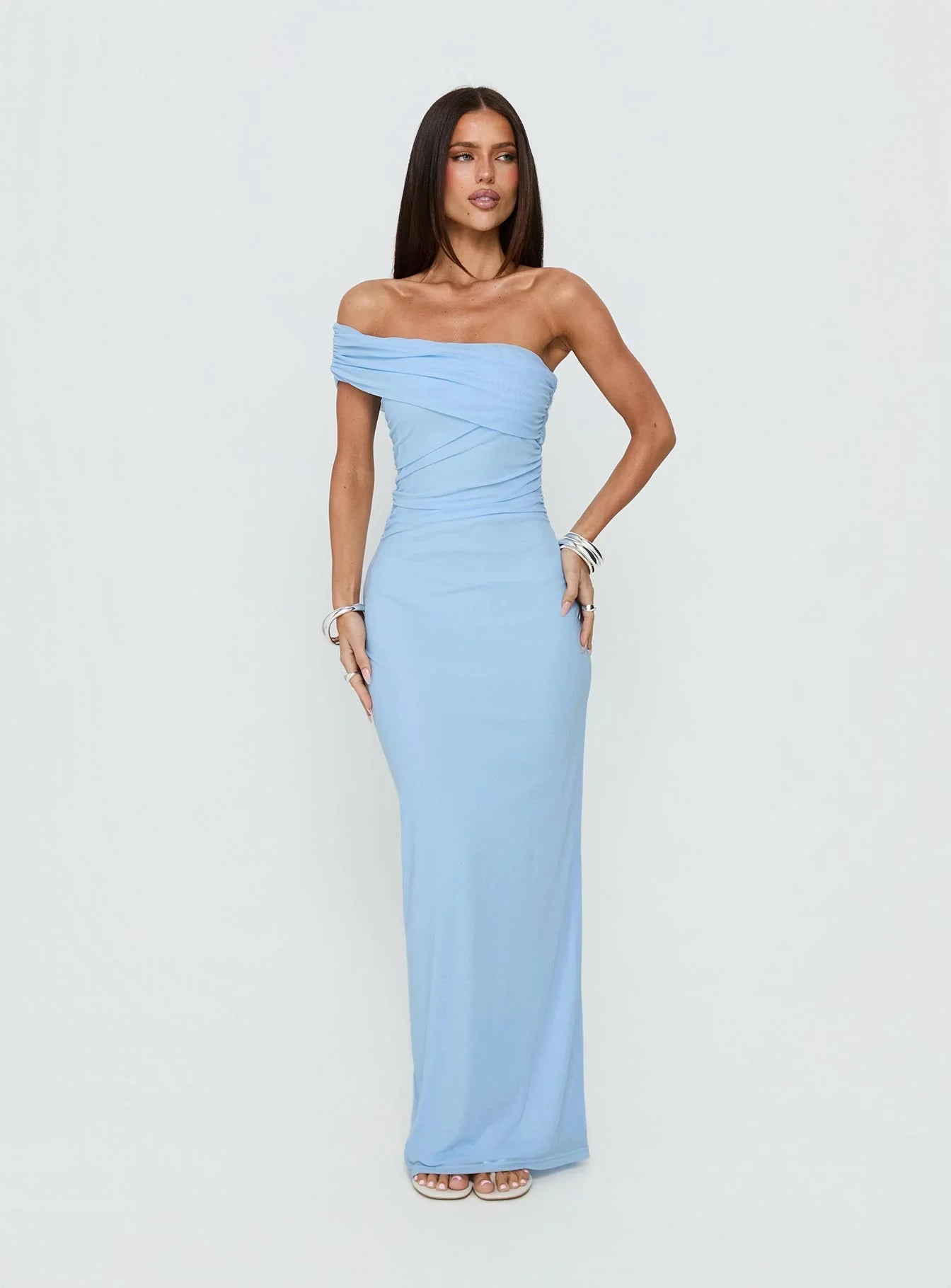 Light Blue One Shoulder Prom Dress with Ruched Bodice and Form Fitting Maxi Skirt for Formal Events and Prom Nights