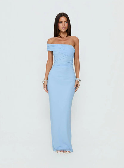 Light Blue One Shoulder Prom Dress with Ruched Bodice and Form Fitting Maxi Skirt for Formal Events and Prom Nights