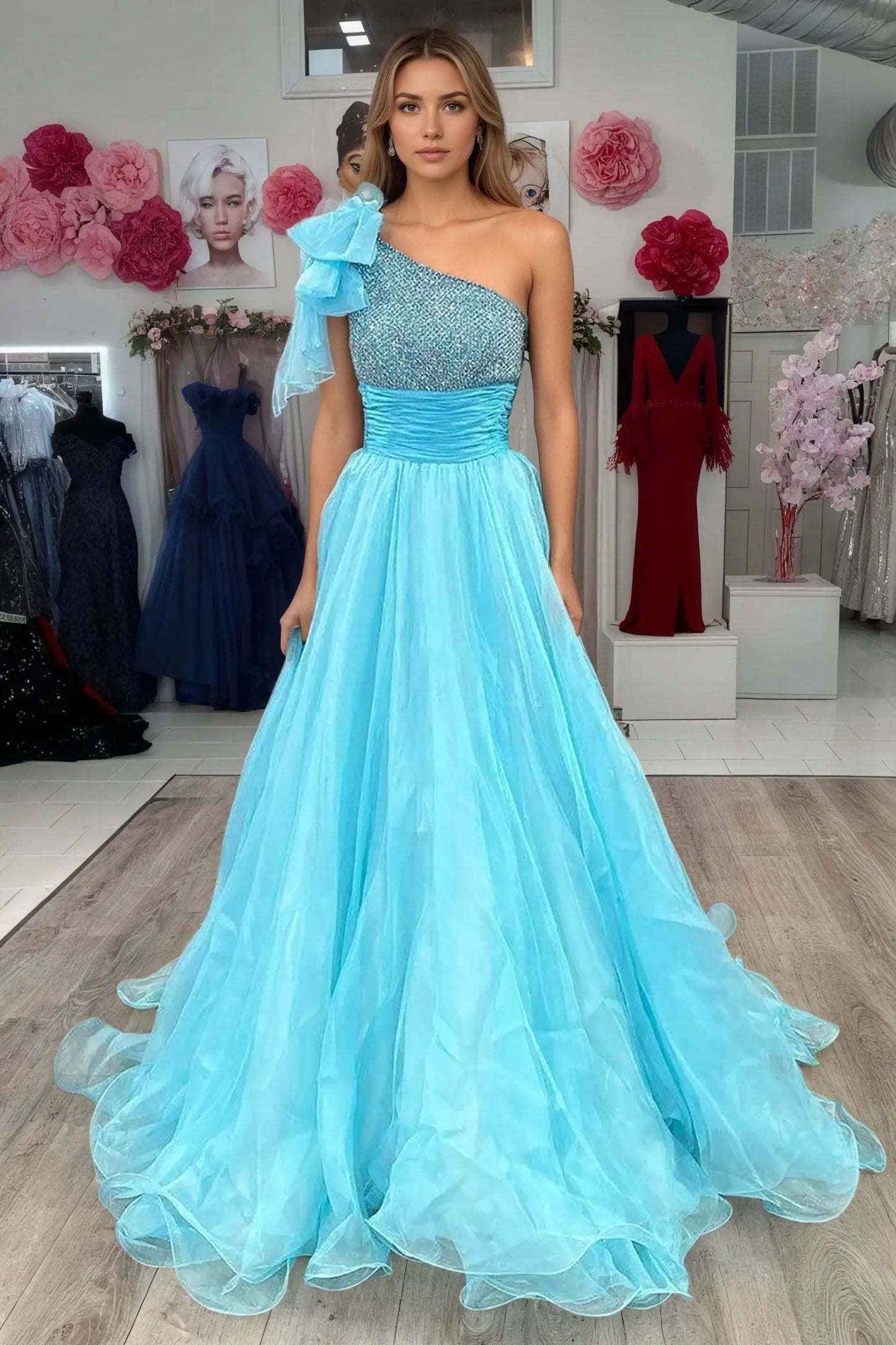 Light Blue One Shoulder Tulle Prom Dress with Beaded Bodice and Ruffle Detail for Formal Events and Prom Nights