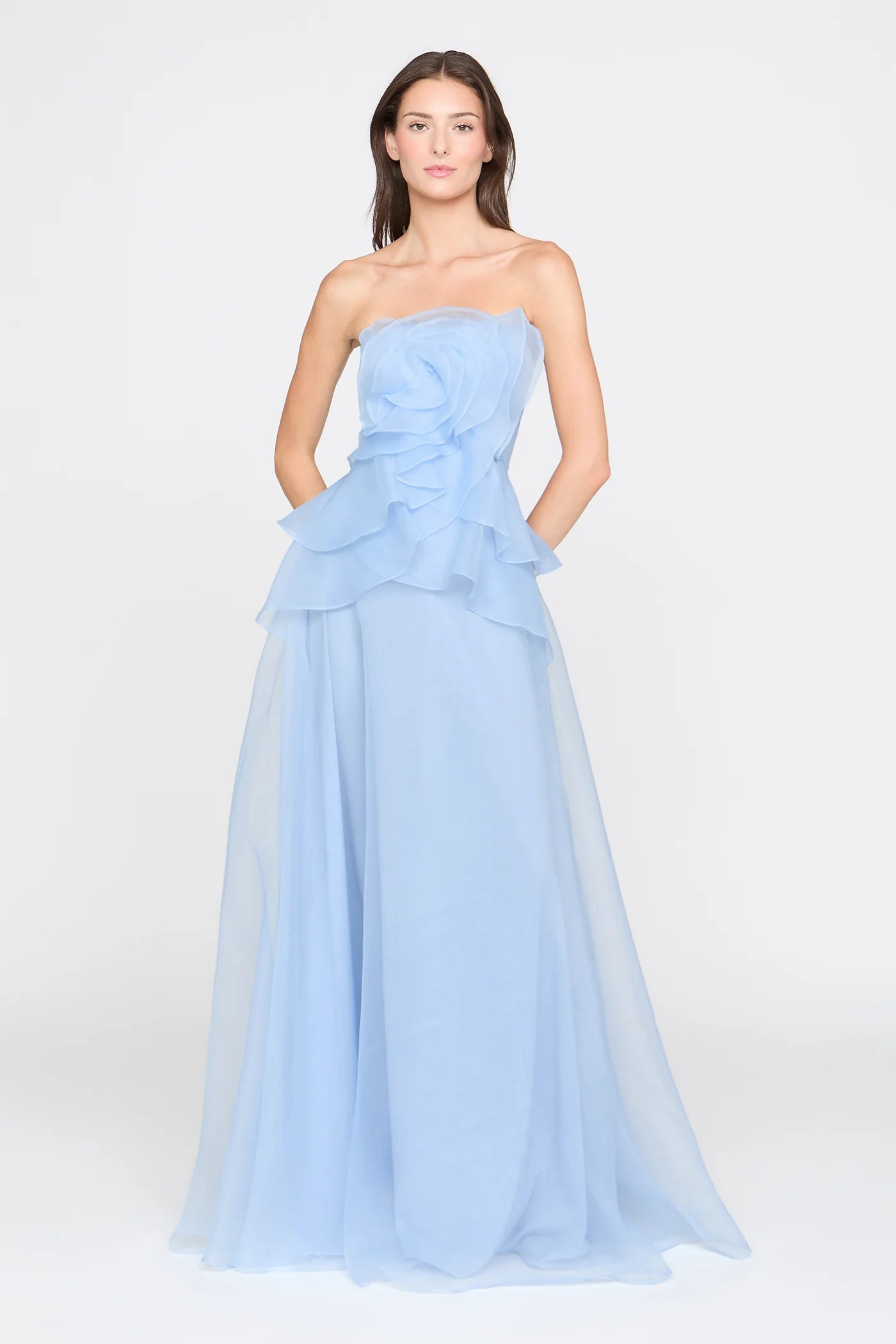 Light Blue Organza A Line Strapless 3D Floral Ruffle Floor Length Formal Evening Prom Dress