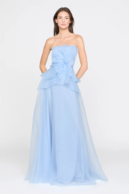 Light Blue Organza A Line Strapless 3D Floral Ruffle Floor Length Formal Evening Prom Dress