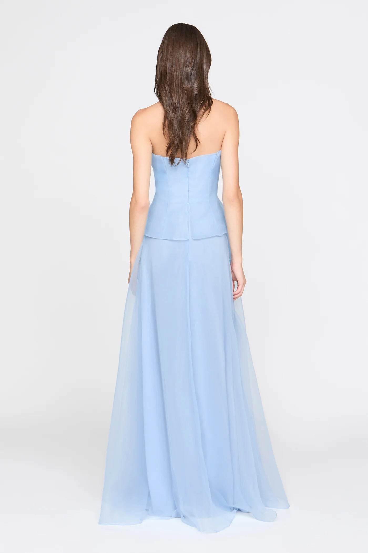 Light Blue Organza A Line Strapless 3D Floral Ruffle Floor Length Formal Evening Prom Dress
