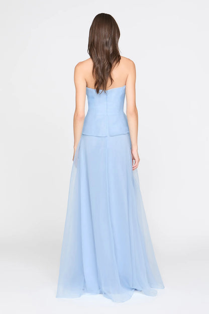 Light Blue Organza A Line Strapless 3D Floral Ruffle Floor Length Formal Evening Prom Dress