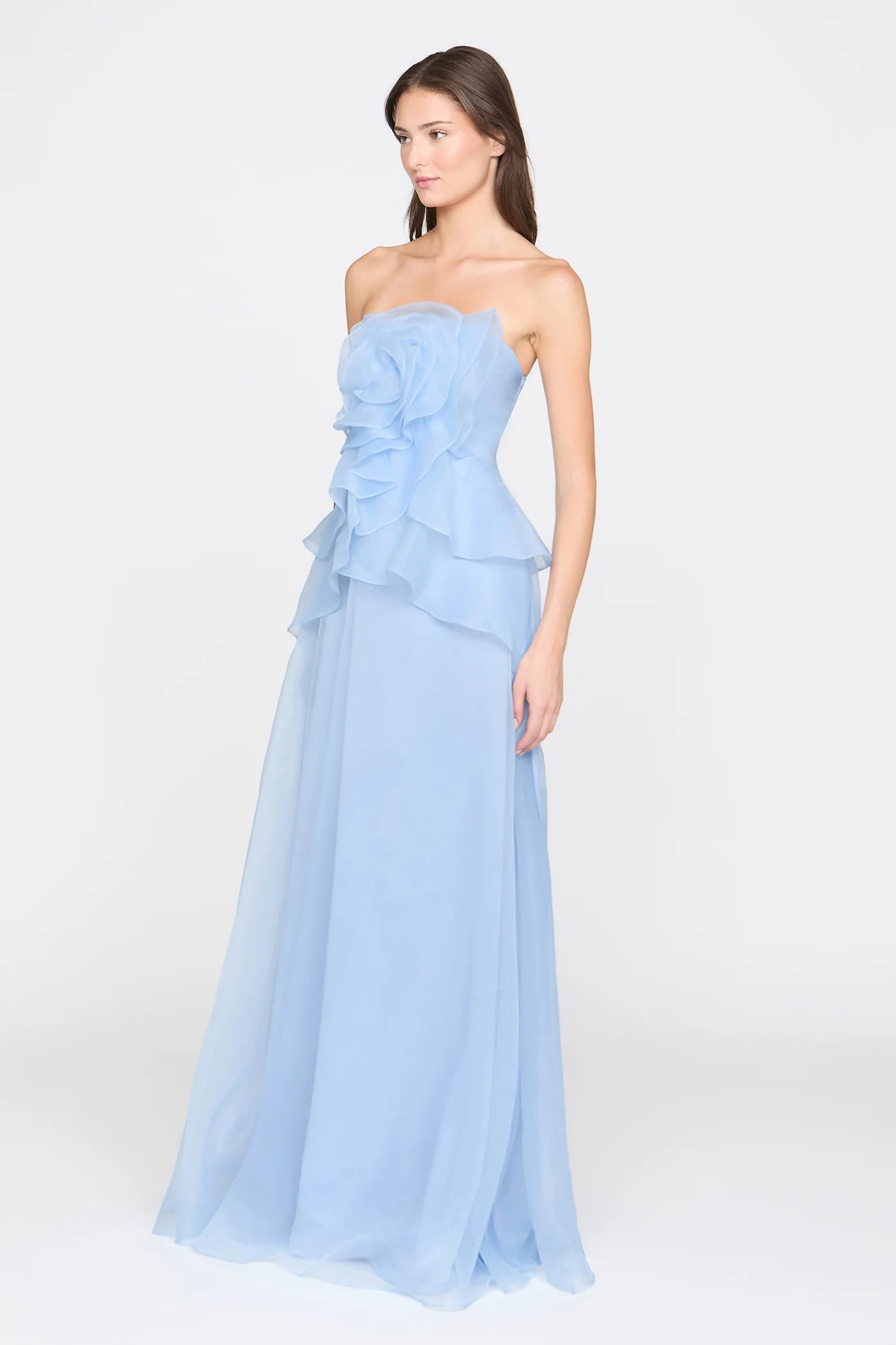 Light Blue Organza A Line Strapless 3D Floral Ruffle Floor Length Formal Evening Prom Dress