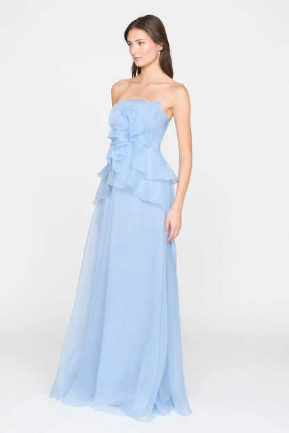 Light Blue Organza A Line Strapless 3D Floral Ruffle Floor Length Formal Evening Prom Dress