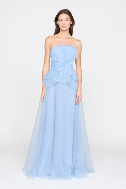 Light Blue Organza A Line Strapless 3D Floral Ruffle Floor Length Formal Evening Prom Dress