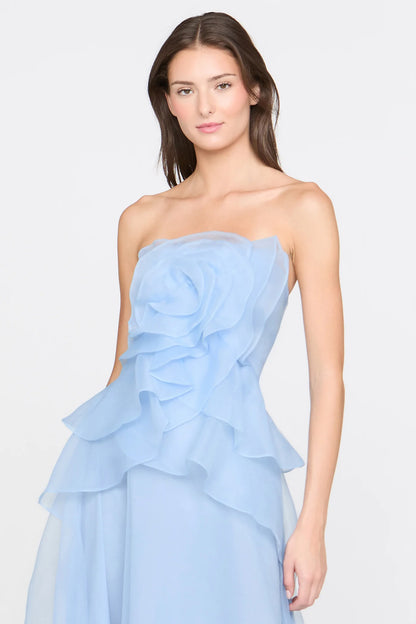Light Blue Organza A Line Strapless 3D Floral Ruffle Floor Length Formal Evening Prom Dress