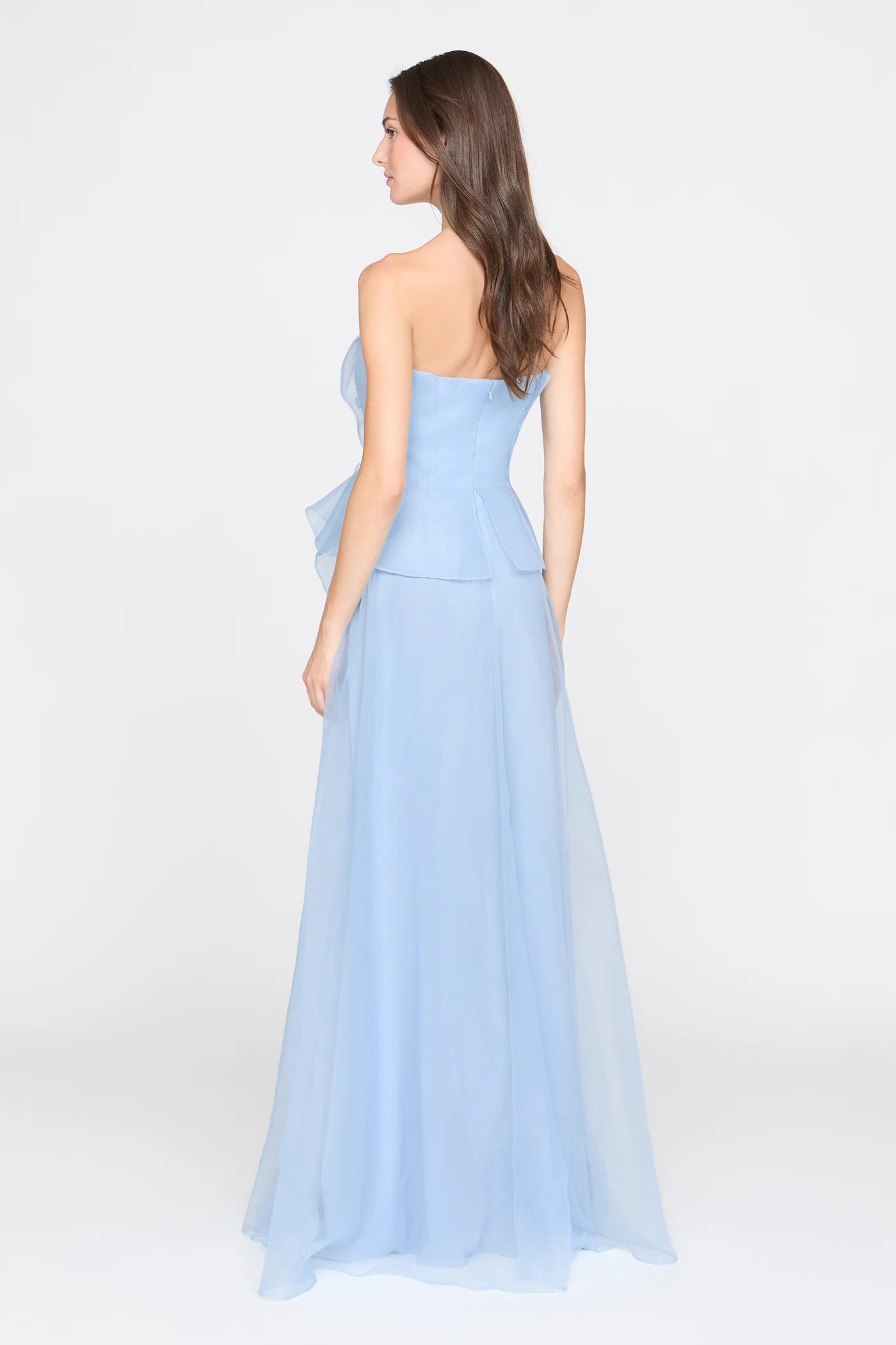 Light Blue Organza A Line Strapless 3D Floral Ruffle Floor Length Formal Evening Prom Dress
