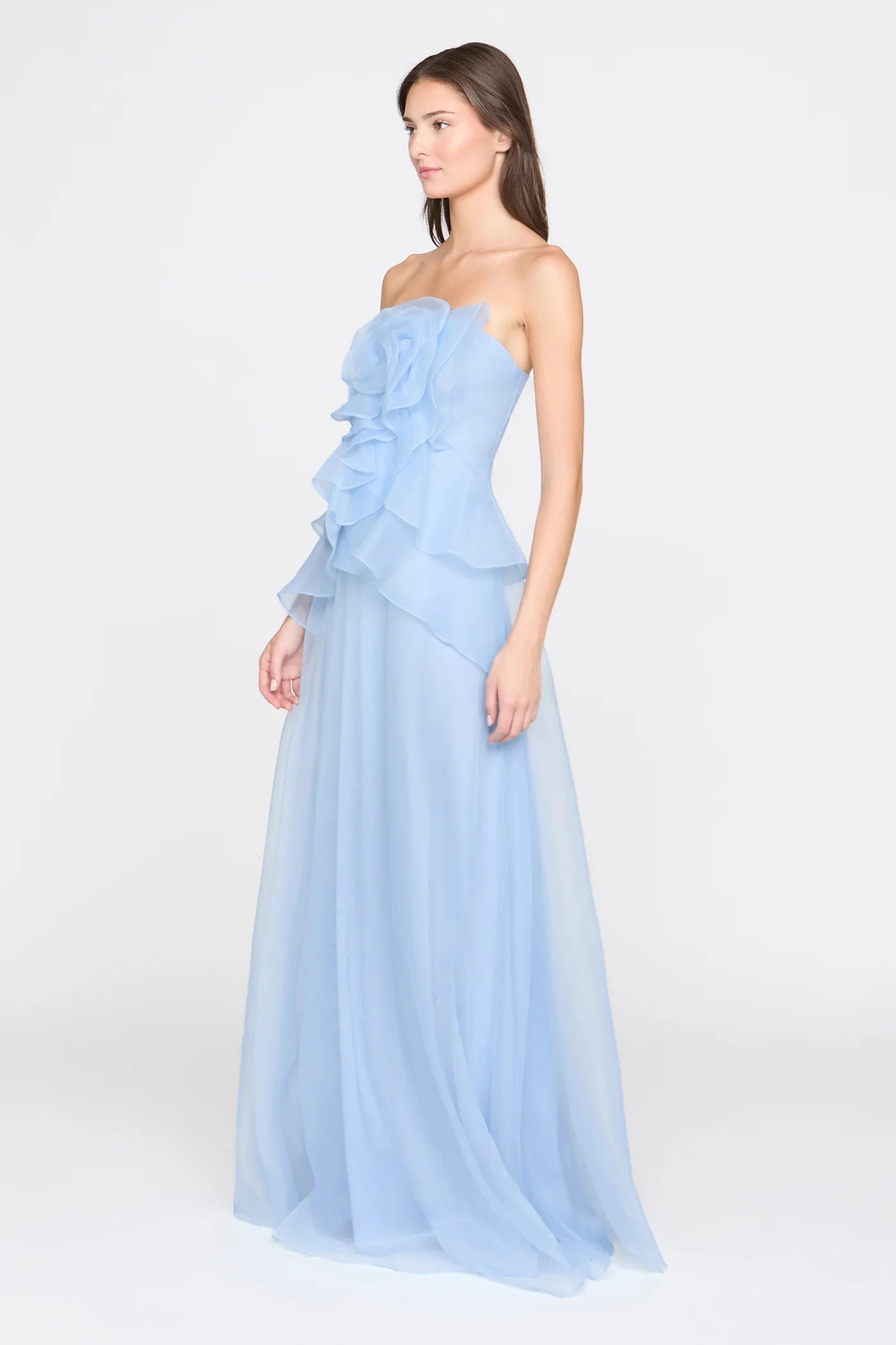 Light Blue Organza A Line Strapless 3D Floral Ruffle Floor Length Formal Evening Prom Dress