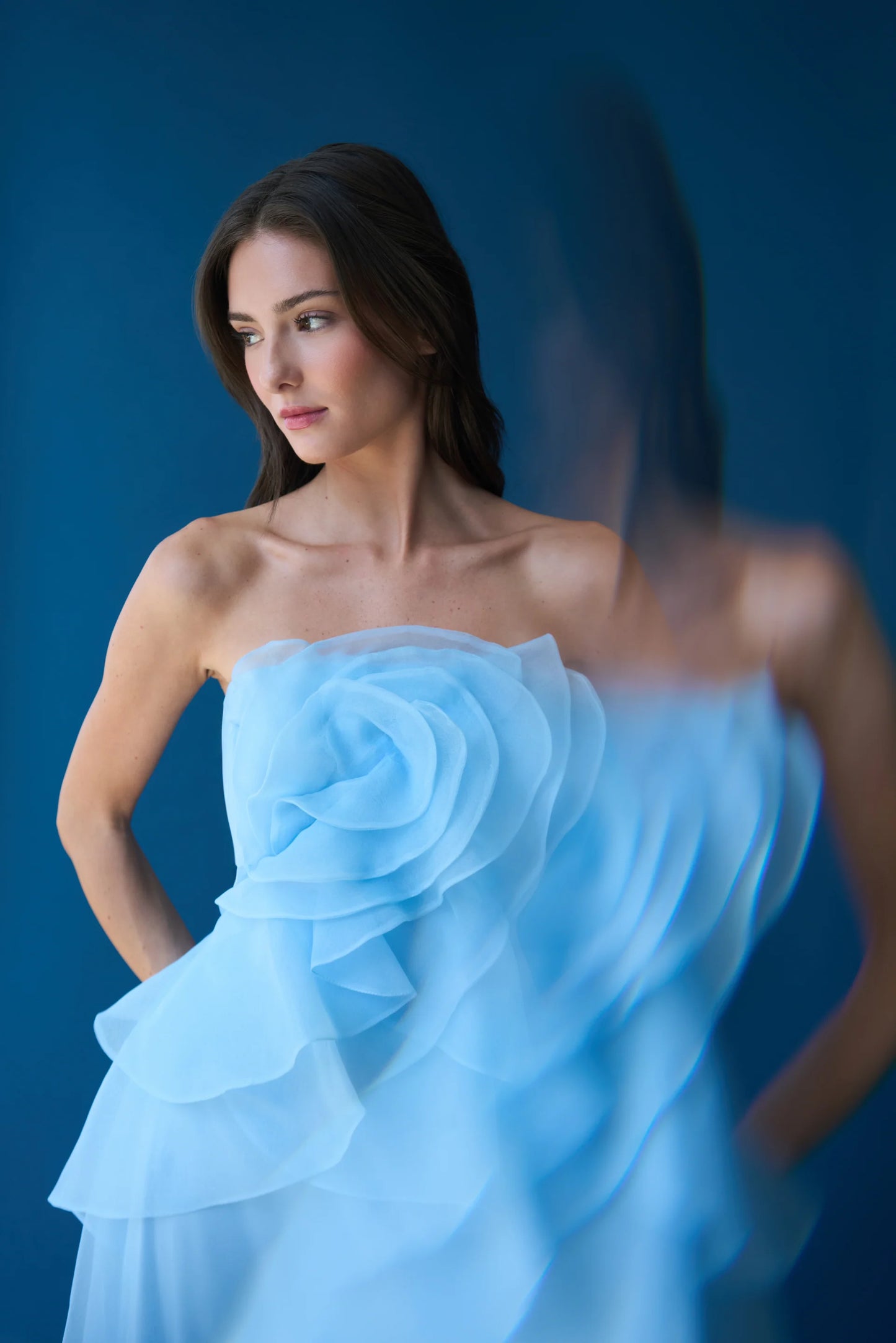 Light Blue Organza A Line Strapless 3D Floral Ruffle Floor Length Formal Evening Prom Dress