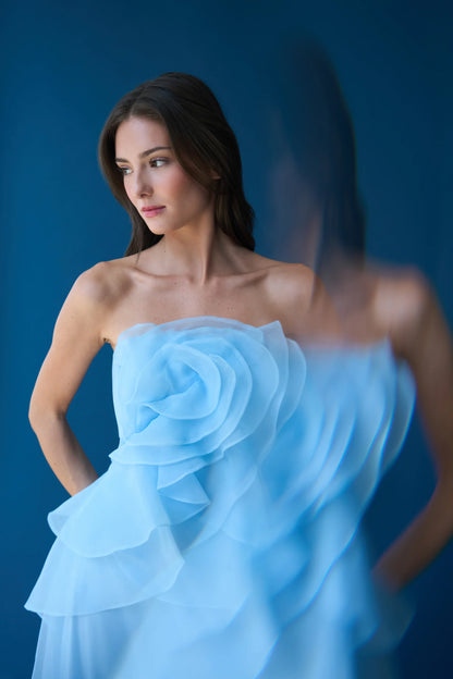 Light Blue Organza A Line Strapless 3D Floral Ruffle Floor Length Formal Evening Prom Dress