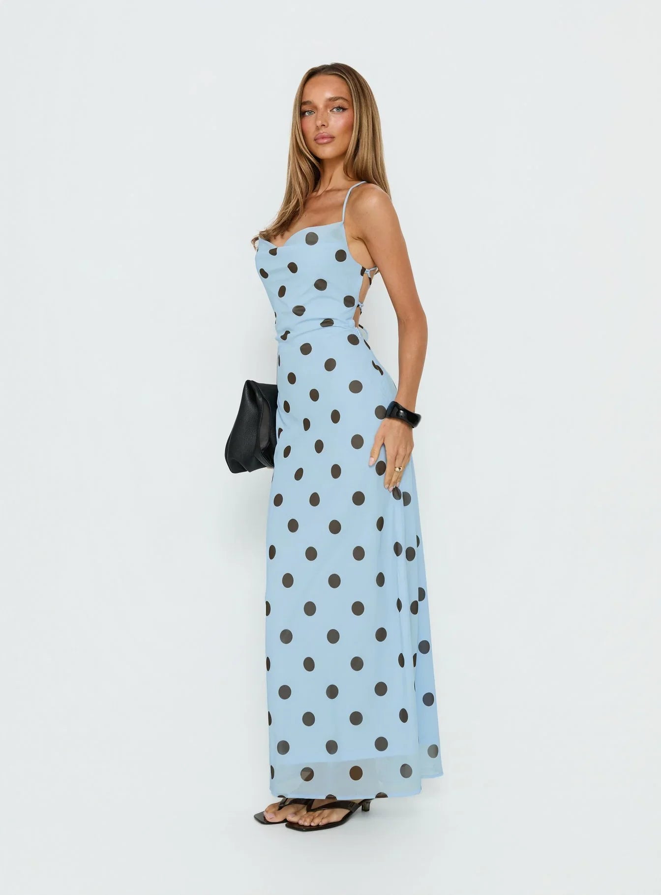 Light Blue Polka Dot Spaghetti Strap Prom Dress with Lace Up Open Back and Mermaid Hem for Formal Events and Prom Nights