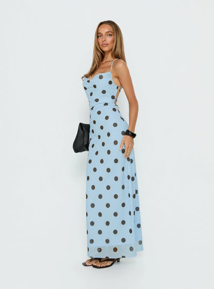 Light Blue Polka Dot Spaghetti Strap Prom Dress with Lace Up Open Back and Mermaid Hem for Formal Events and Prom Nights