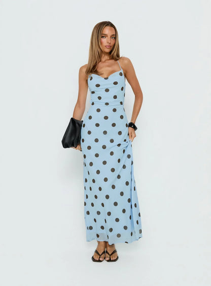 Light Blue Polka Dot Spaghetti Strap Prom Dress with Lace Up Open Back and Mermaid Hem for Formal Events and Prom Nights