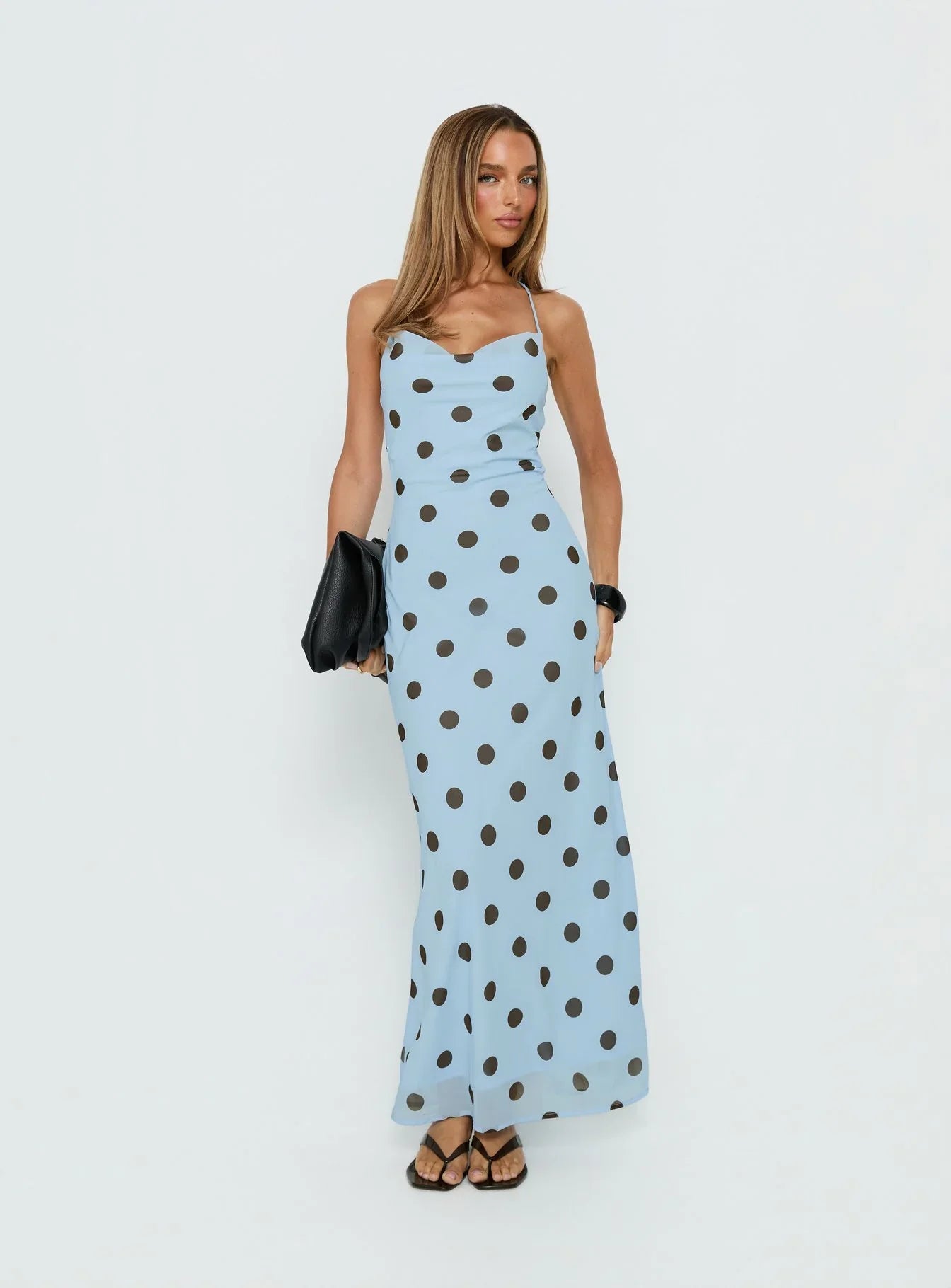 Light Blue Polka Dot Spaghetti Strap Prom Dress with Lace Up Open Back and Mermaid Hem for Formal Events and Prom Nights