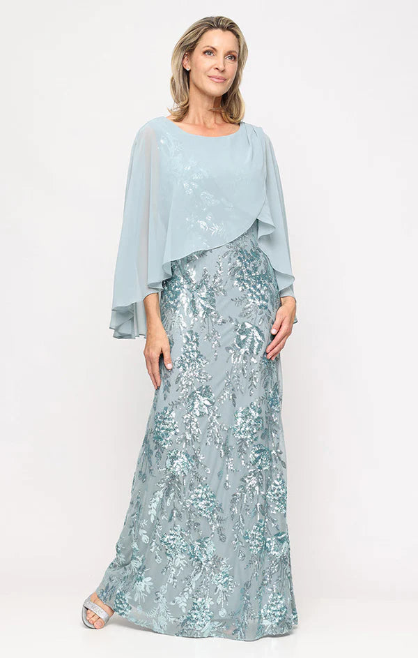 Light Blue Round Neck Chiffon Capelet Floral Sequin Floor Length Formal Evening Prom Dress