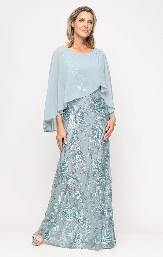 Light Blue Round Neck Chiffon Capelet Floral Sequin Floor Length Formal Evening Prom Dress