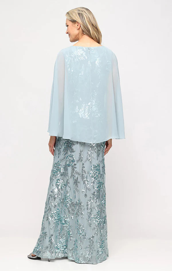 Light Blue Round Neck Chiffon Capelet Floral Sequin Floor Length Formal Evening Prom Dress