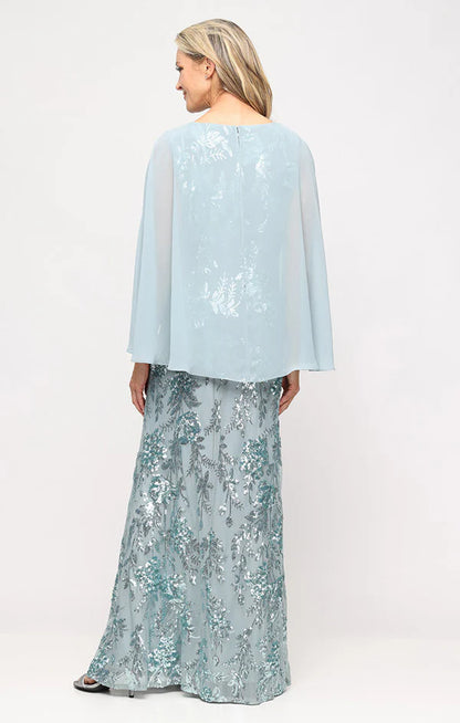 Light Blue Round Neck Chiffon Capelet Floral Sequin Floor Length Formal Evening Prom Dress