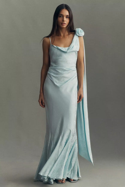 Light Blue Satin One-shoulder Rose Applique Draped Mermaid Maxi Prom Dress