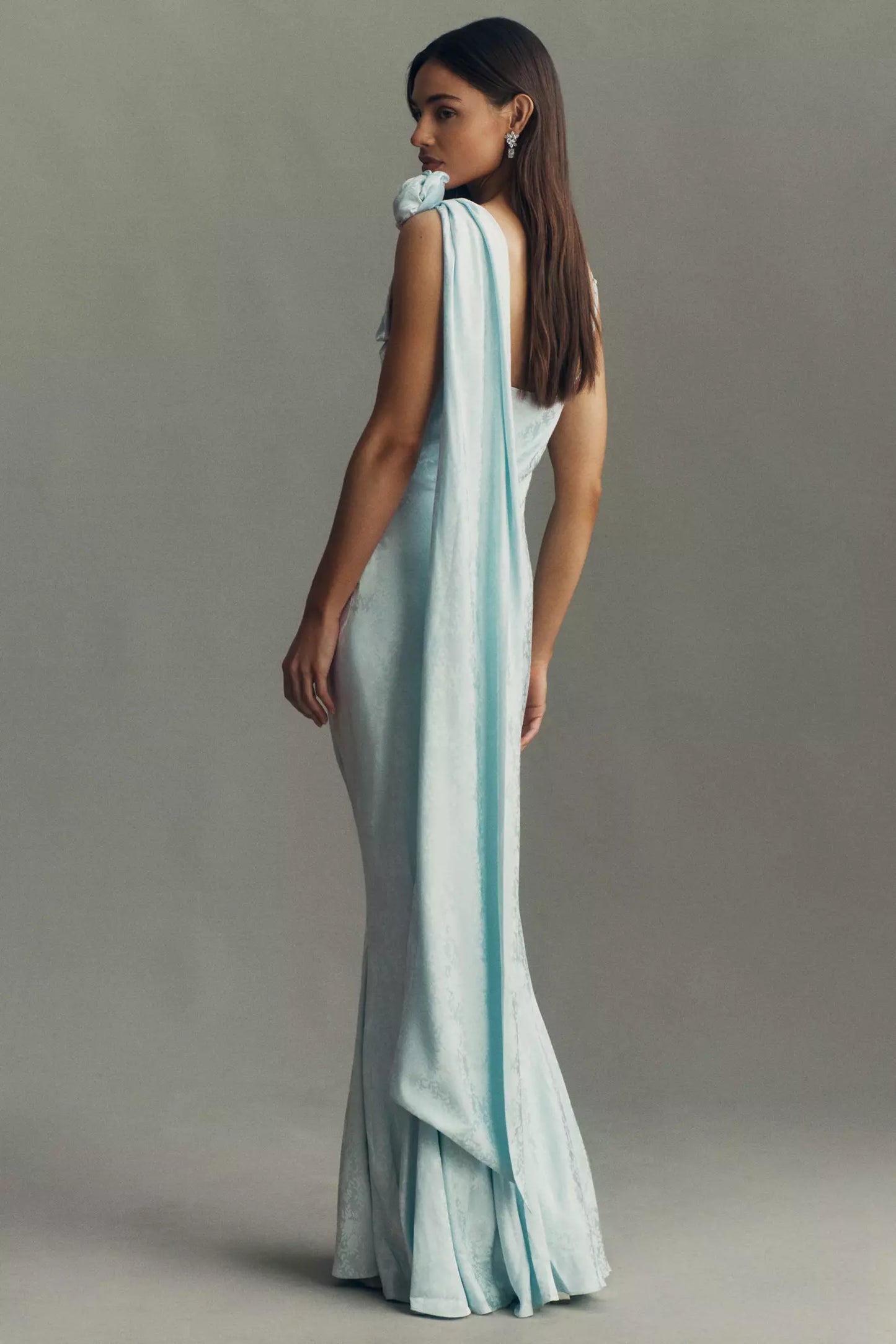 Light Blue Satin One-shoulder Rose Applique Draped Mermaid Maxi Prom Dress