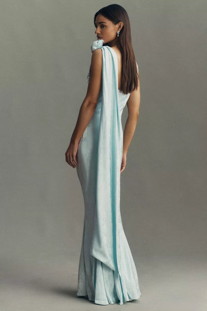 Light Blue Satin One-shoulder Rose Applique Draped Mermaid Maxi Prom Dress