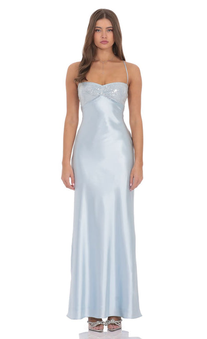 Light Blue Satin Prom Dress With Sequin Sweetheart Neckline And Lace Up Back Formal Prom Dress