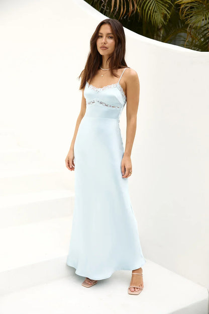 Light Blue Satin Spaghetti Strap Lace Trim V Neck Floor Length Formal Evening Prom Dress