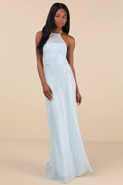 Light Blue Sequin Halter Neck Backless Mermaid Maxi Prom Dress