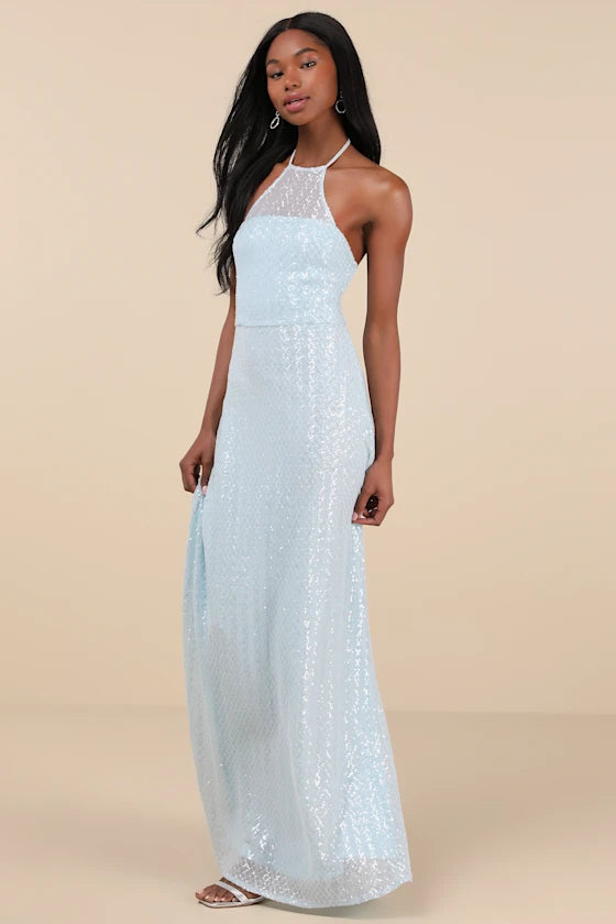Light Blue Sequin Halter Neck Backless Mermaid Maxi Prom Dress