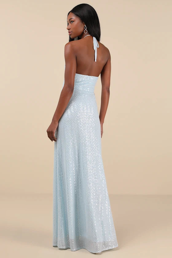 Light Blue Sequin Halter Neck Backless Mermaid Maxi Prom Dress