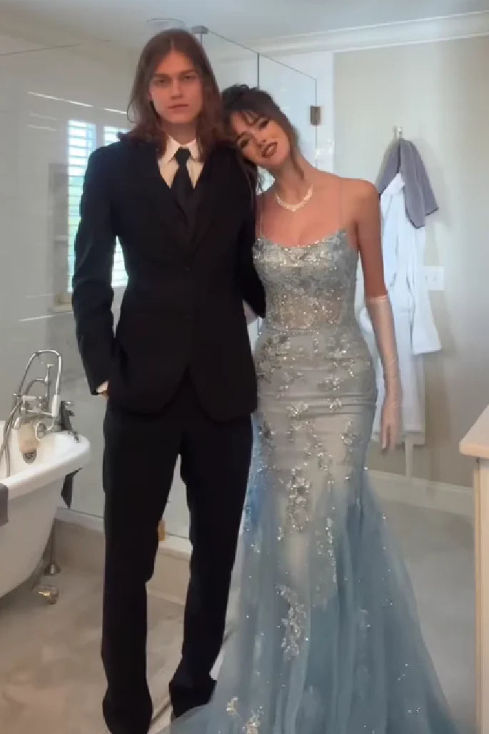 Light Blue Spaghetti Strap Corset Lace Up Back Sequin Mermaid Long Prom Dress