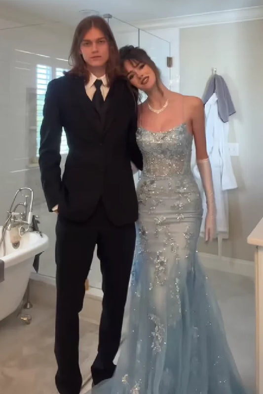 Light Blue Spaghetti Strap Corset Lace Up Back Sequin Mermaid Long Prom Dress